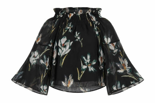 Religion Womens Black Floral Polyester Basic T-Shirt Size 8 Off the Shoulder