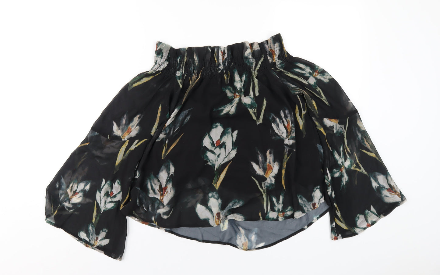Religion Womens Black Floral Polyester Basic T-Shirt Size 8 Off the Shoulder