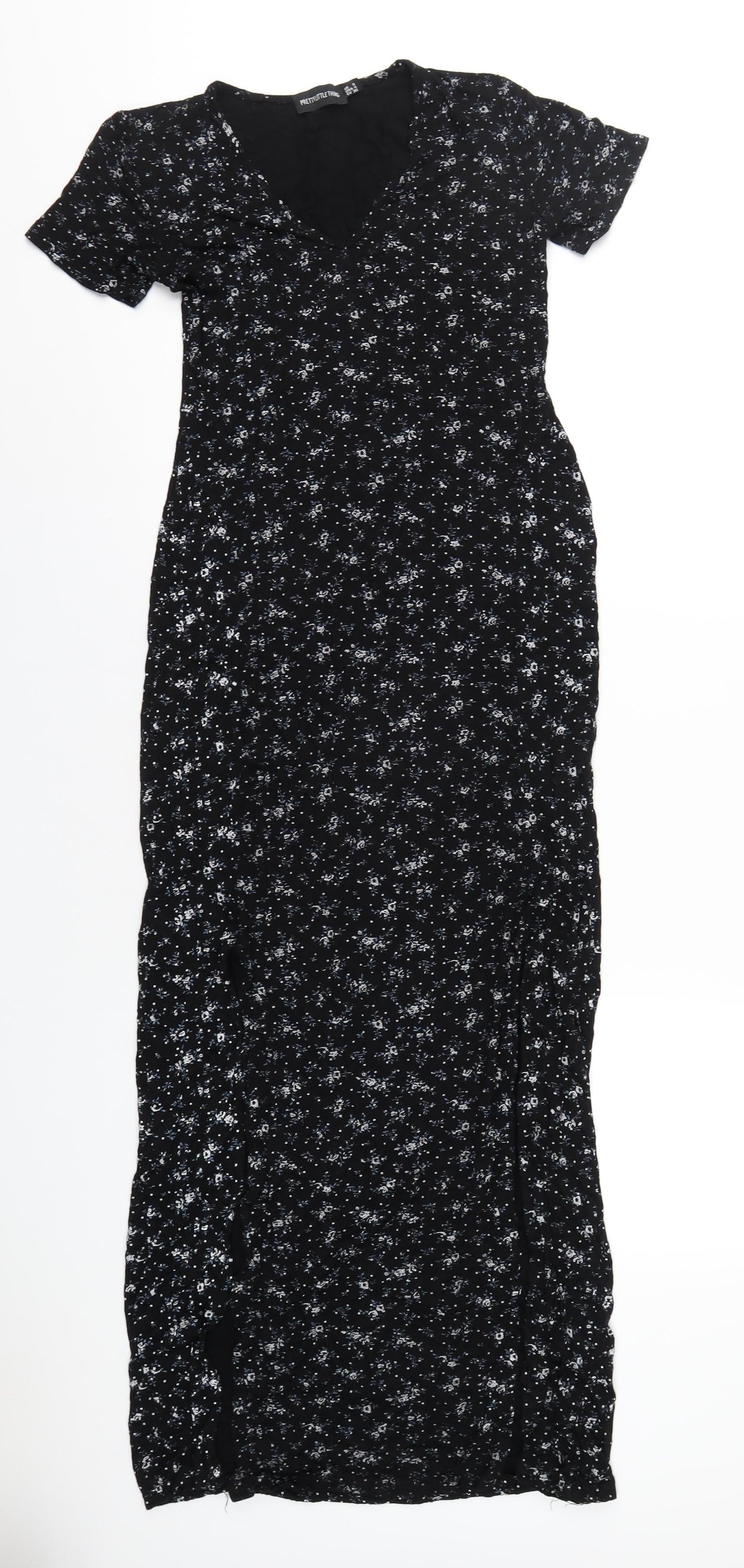 PRETTYLITTLETHING Womens Black Floral Viscose Maxi Size 8 V-Neck Pullover