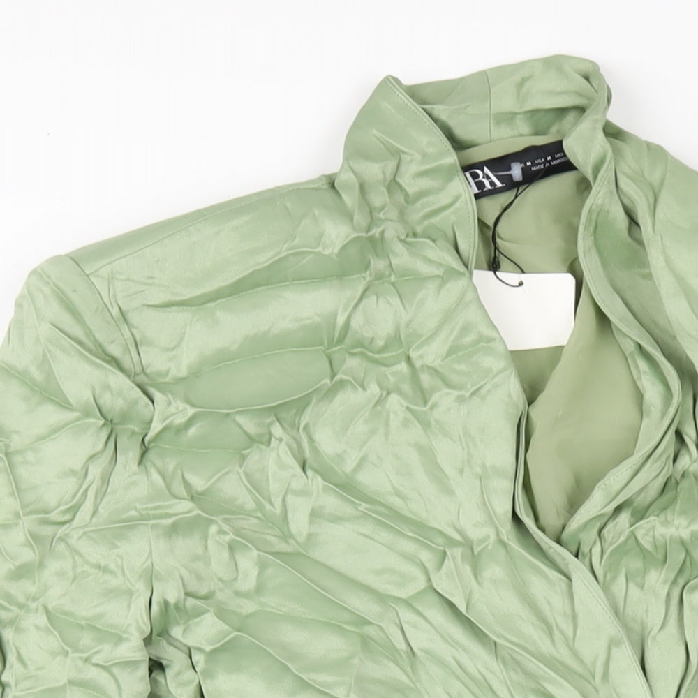 Zara Womens Green Viscose Jacket Dress Size M V-Neck Button