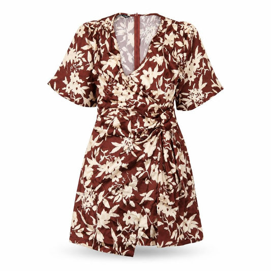 Zara Womens Brown Geometric Polyester A-Line Size S V-Neck Zip
