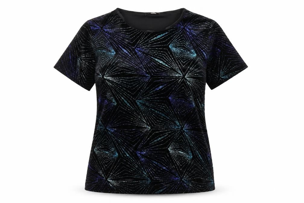 Anna Rose Womens Black Geometric Polyester Basic T-Shirt Size L Round Neck