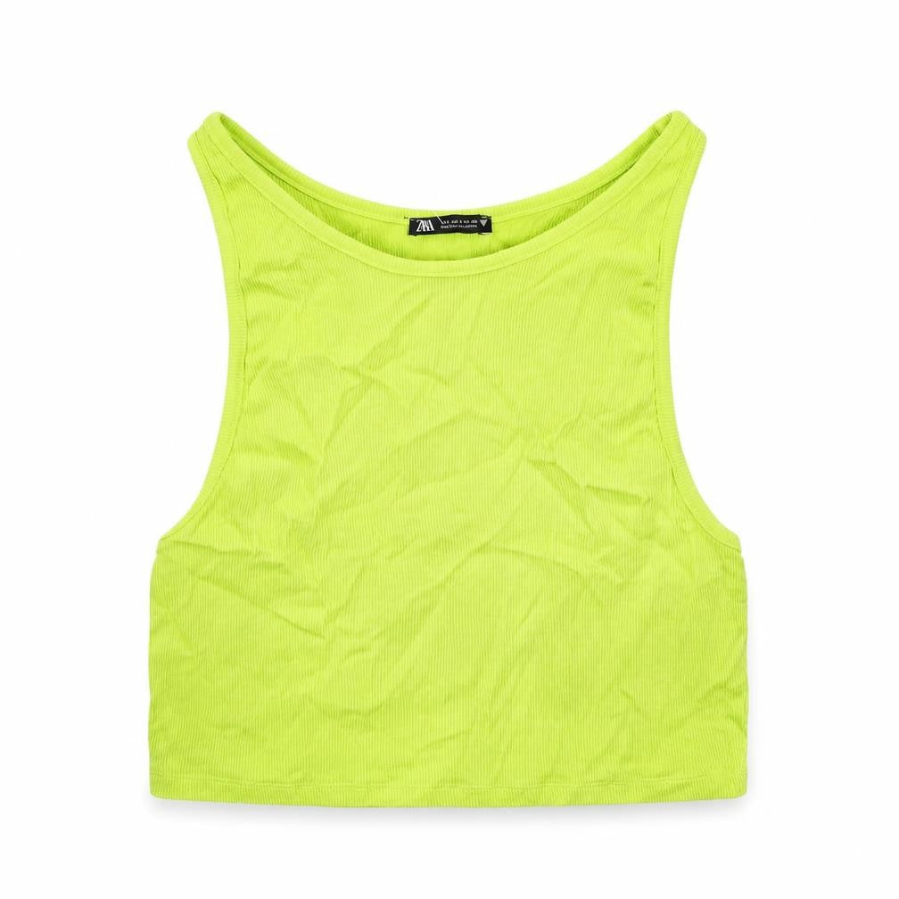 Zara Womens Green Cotton Basic Tank Size L Round Neck