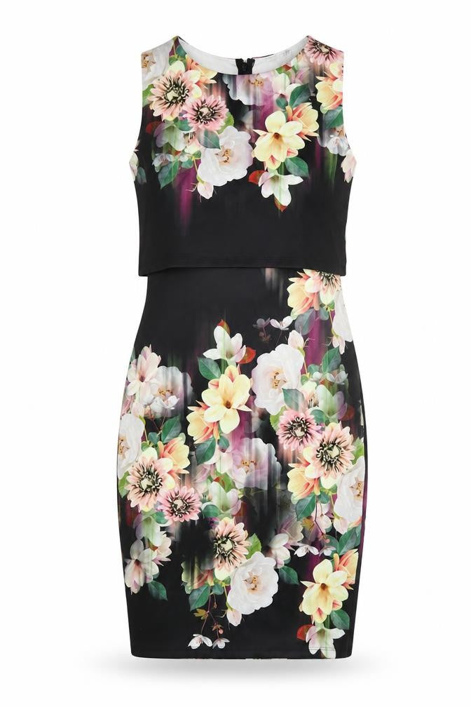 Lipsy Womens Multicoloured Floral Polyester Bodycon Size 10 Round Neck Zip