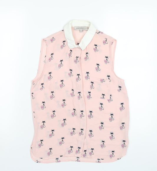 Marks and Spencer Womens Pink Geometric Polyester Basic Button-Up Size 8 Collared