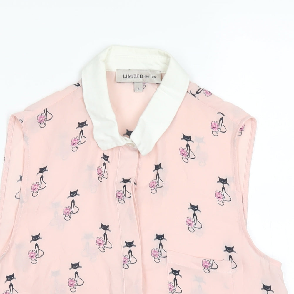 Marks and Spencer Womens Pink Geometric Polyester Basic Button-Up Size 8 Collared