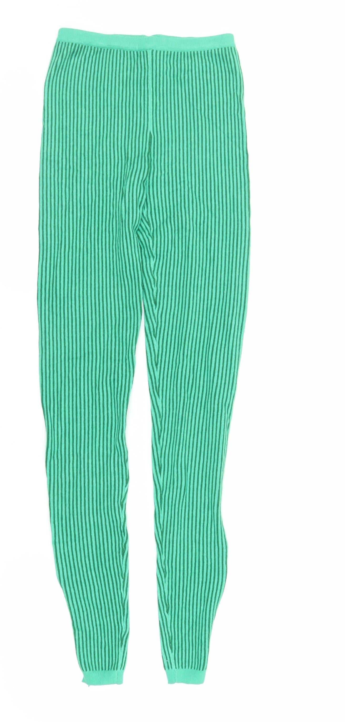 PRETTYLITTLETHING Womens Green Striped Viscose Carrot Leggings Size S L32 in - Elasticated Waist
