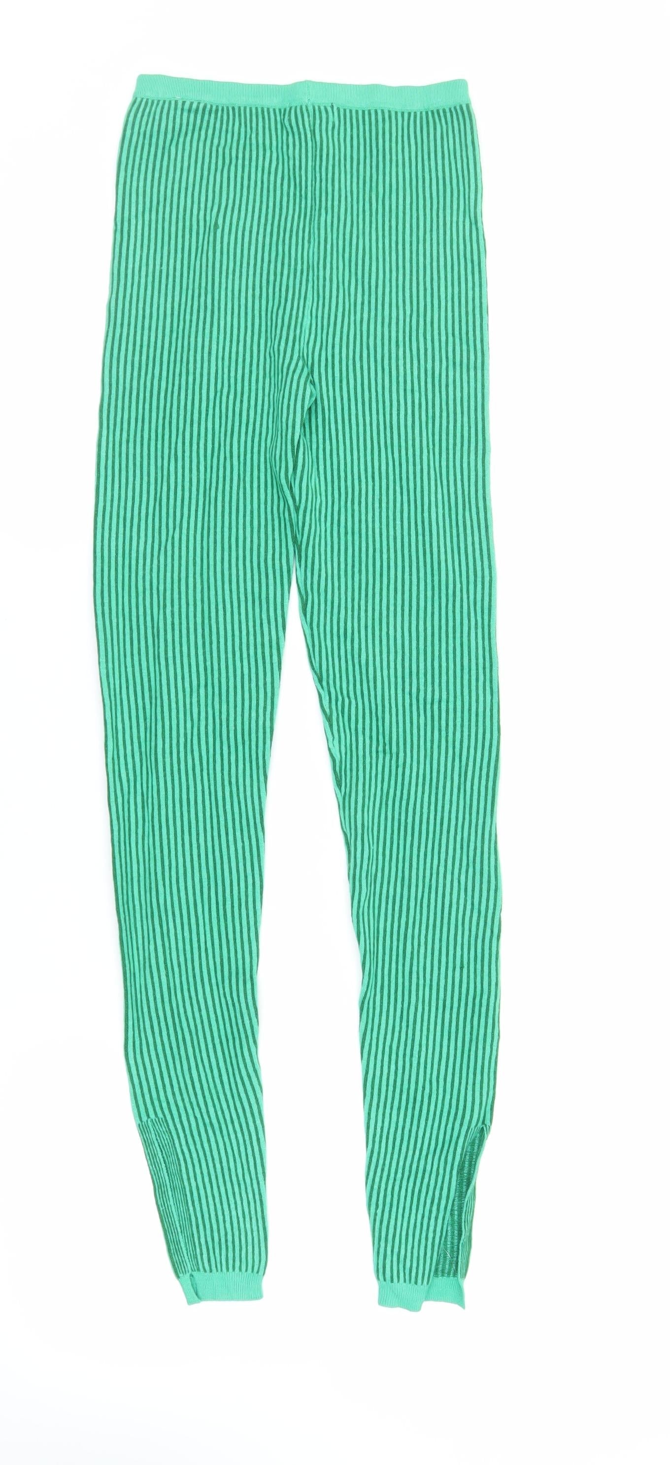 PRETTYLITTLETHING Womens Green Striped Viscose Carrot Leggings Size S L32 in - Elasticated Waist