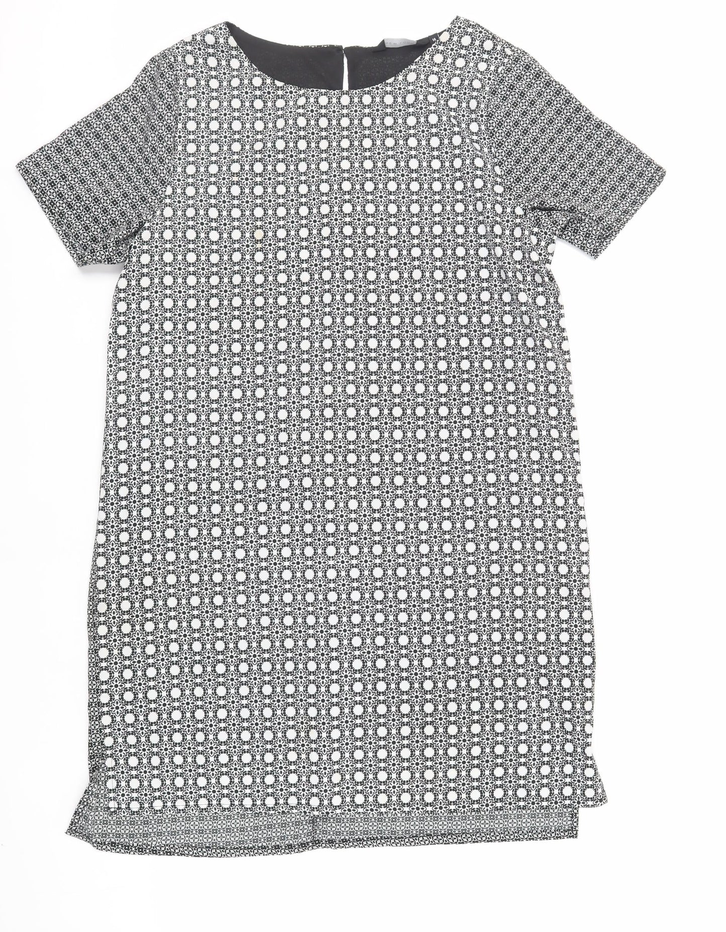 New Look Womens Black Geometric Polyester Shift Size 14 Round Neck Button