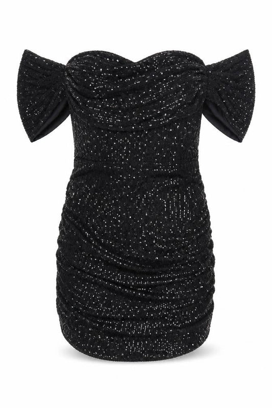 PRETTYLITTLETHING Womens Black Polyester Mini Size 20 Off the Shoulder Zip - Ruched Sequin