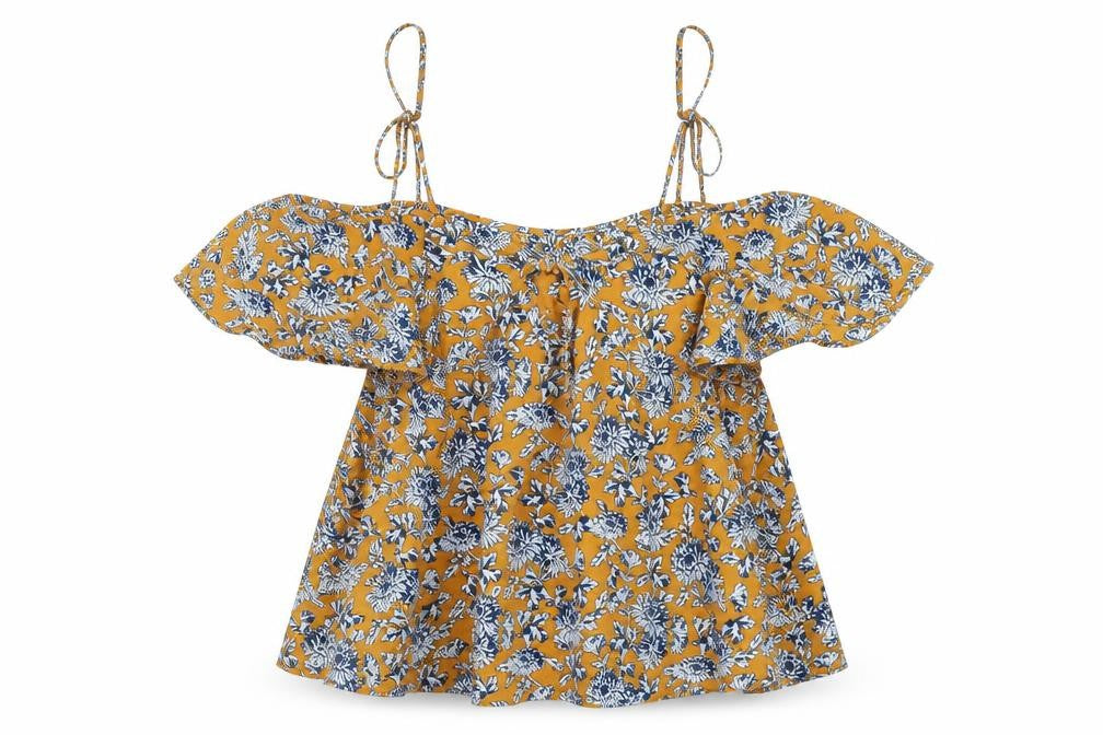 Topshop Womens Yellow Floral Polyester Basic Blouse Size 8 V-Neck - Ruffle