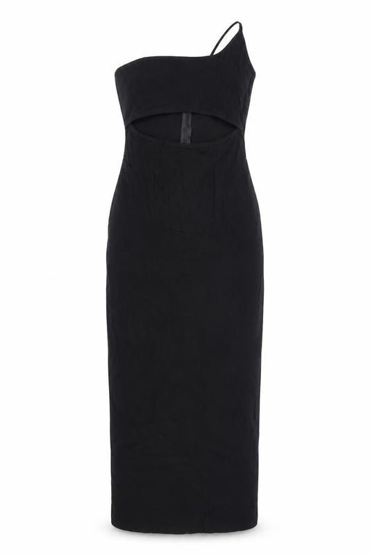 PRETTYLITTLETHING Womens Black Viscose Bodycon Size 10 One Shoulder Zip - Cut Out Detail