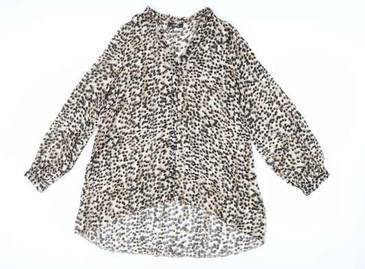 Wallis Womens Brown Animal Print Polyester Tunic Button-Up Size 10 V-Neck - Sheer