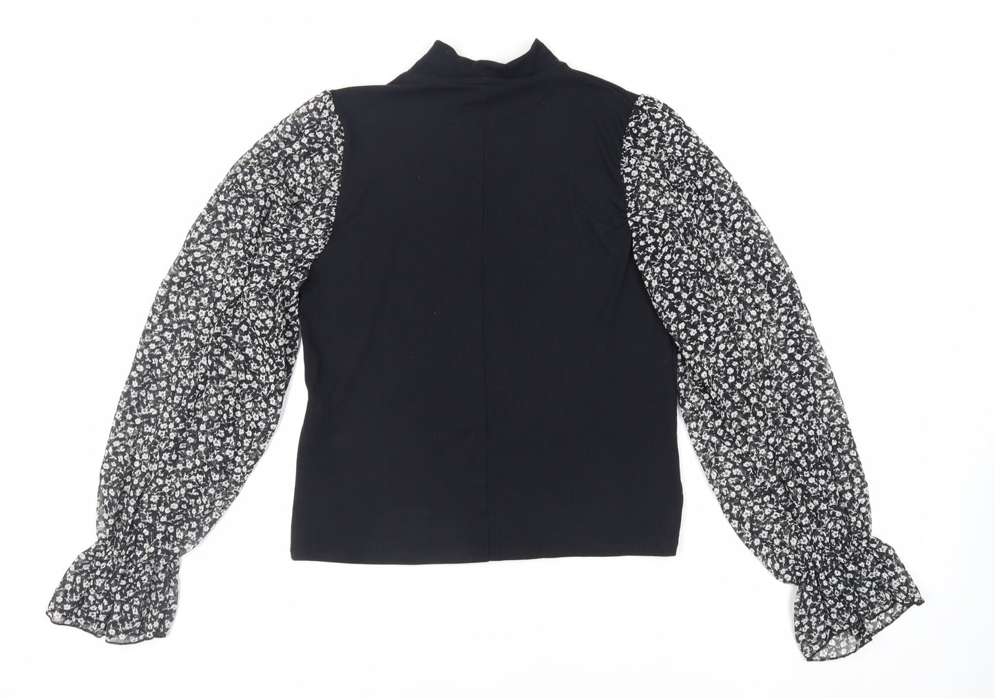 Zara Womens Black Floral Polyester Basic Blouse Size L Mock Neck - Sheer Sleeves