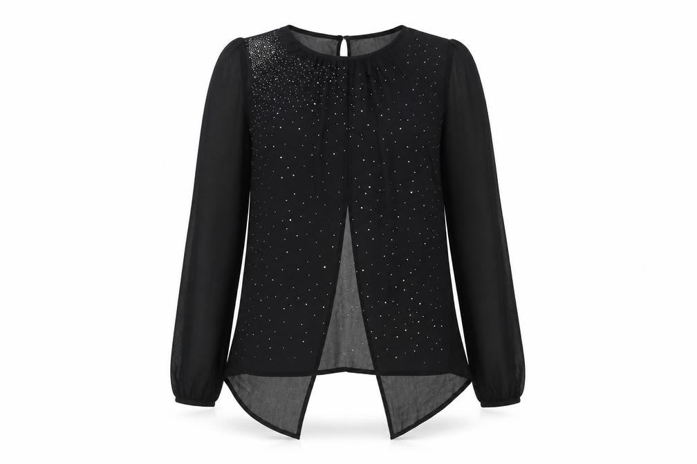 NEXT Womens Black Polyester Basic Blouse Size 10 Round Neck - Rhinestone Sheer