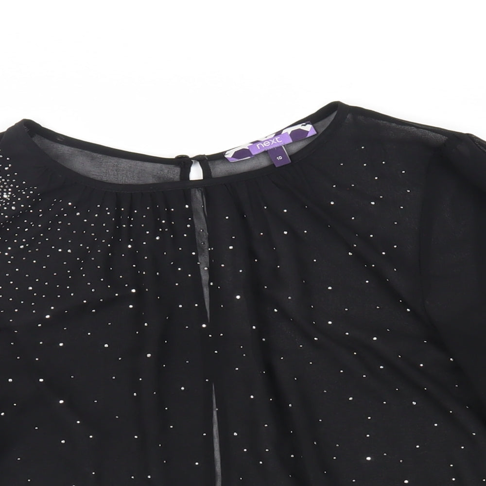 NEXT Womens Black Polyester Basic Blouse Size 10 Round Neck - Rhinestone Sheer