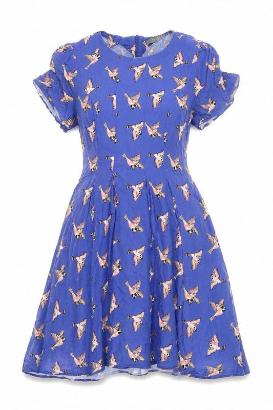 Oasis Womens Blue Geometric Viscose Fit & Flare Size 10 Round Neck Zip - Bird Pattern