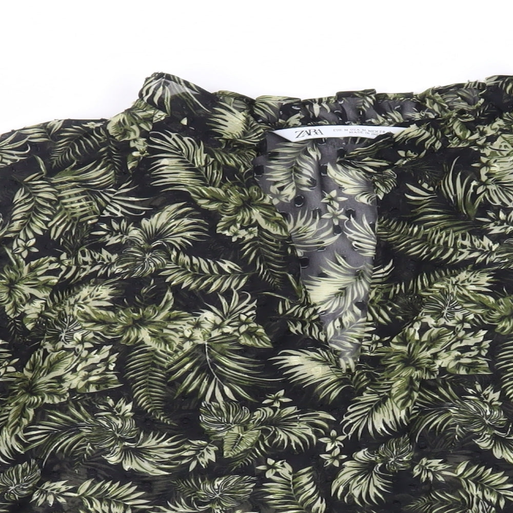 Zara Womens Black Floral Polyester Basic Blouse Size M V-Neck - Sheer