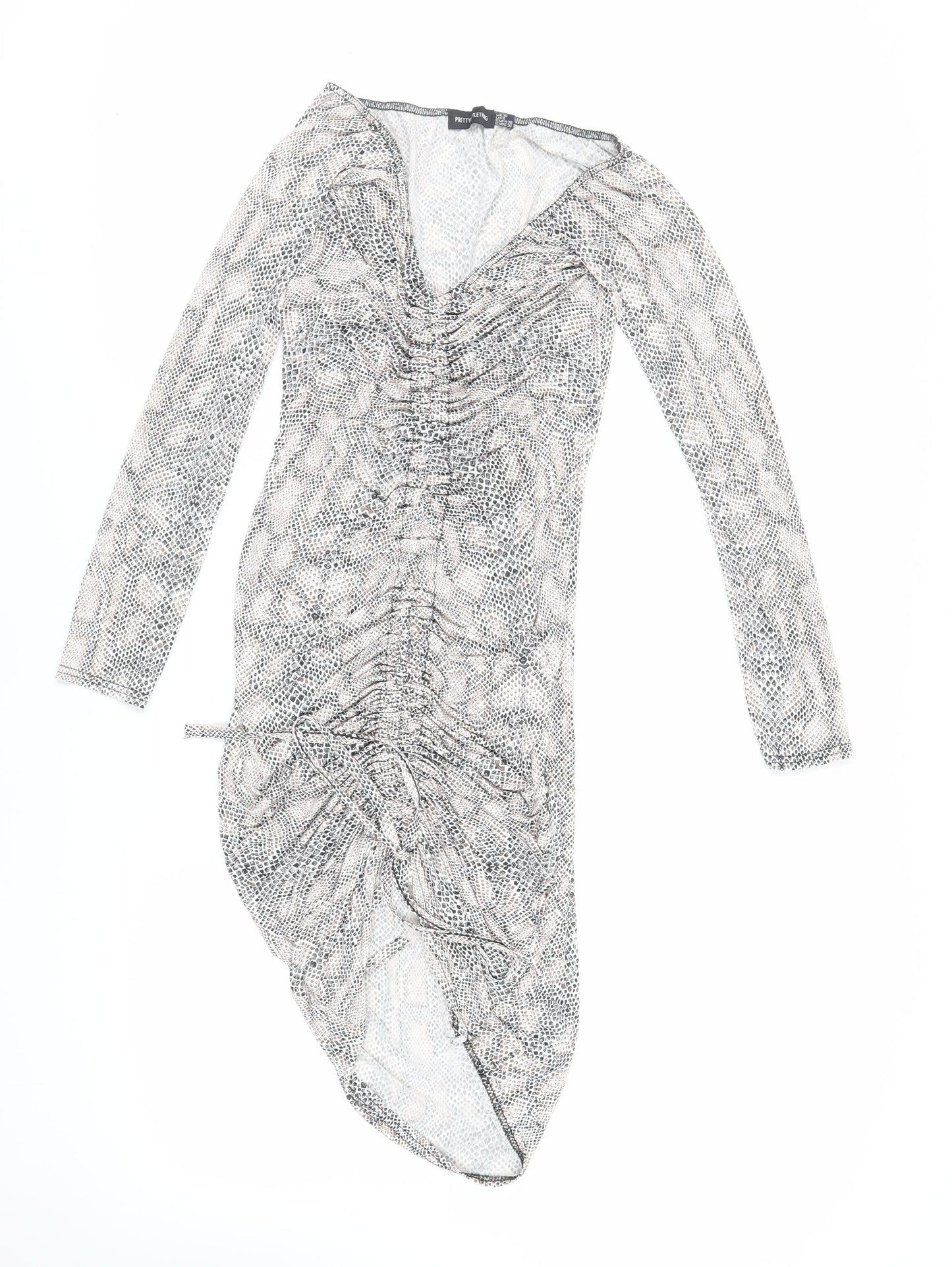 PRETTYLITTLETHING Womens Ivory Animal Print Polyester Bodycon Size 10 V-Neck Pullover - Ruched
