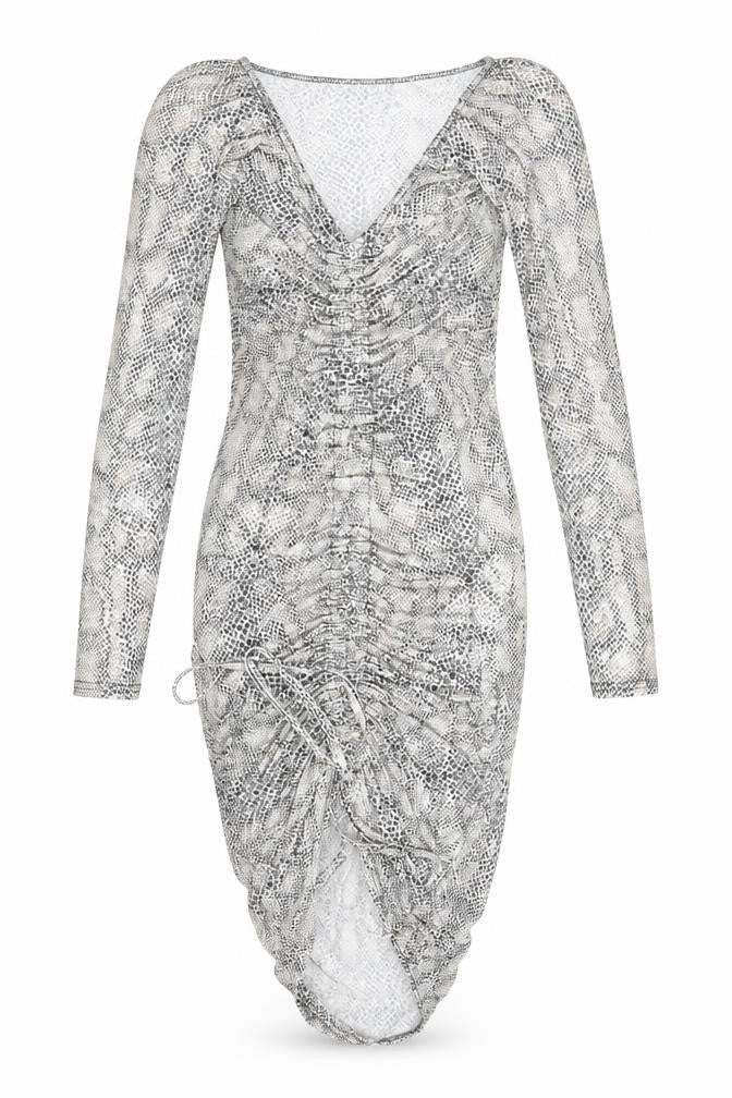 PRETTYLITTLETHING Womens Ivory Animal Print Polyester Bodycon Size 10 V-Neck Pullover - Ruched