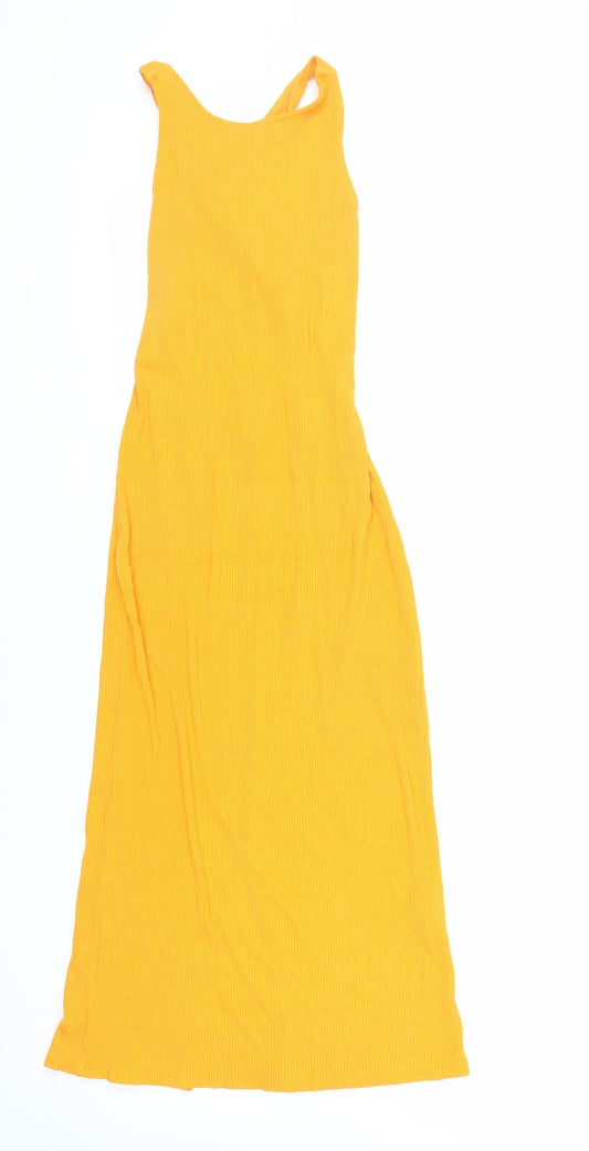 H7M Womens Orange Viscose Tank Dress Size M Round Neck Pullover - Ribbed Backless