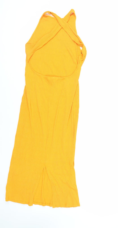 Back view of H7M women’s orange viscose tank dress, size M, round neck pullover - ribbed backless