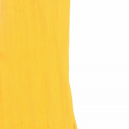 Close-up detail of H7M women’s orange viscose tank dress, size M, round neck pullover - ribbed backless
