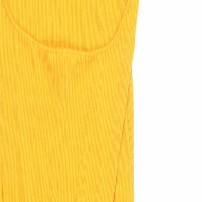 Brand and care label for H7M women’s orange viscose tank dress, size M, round neck pullover - ribbed backless