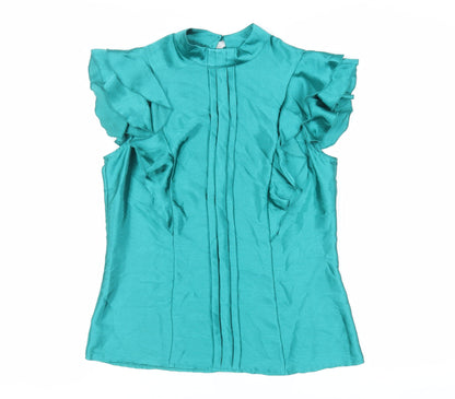 Marks & Spencer Womens Green Polyester Basic Blouse Size 12 Mock Neck - Ruffle