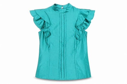 Marks and Spencer Womens Green Polyester Basic Blouse Size 12 Mock Neck - Ruffle