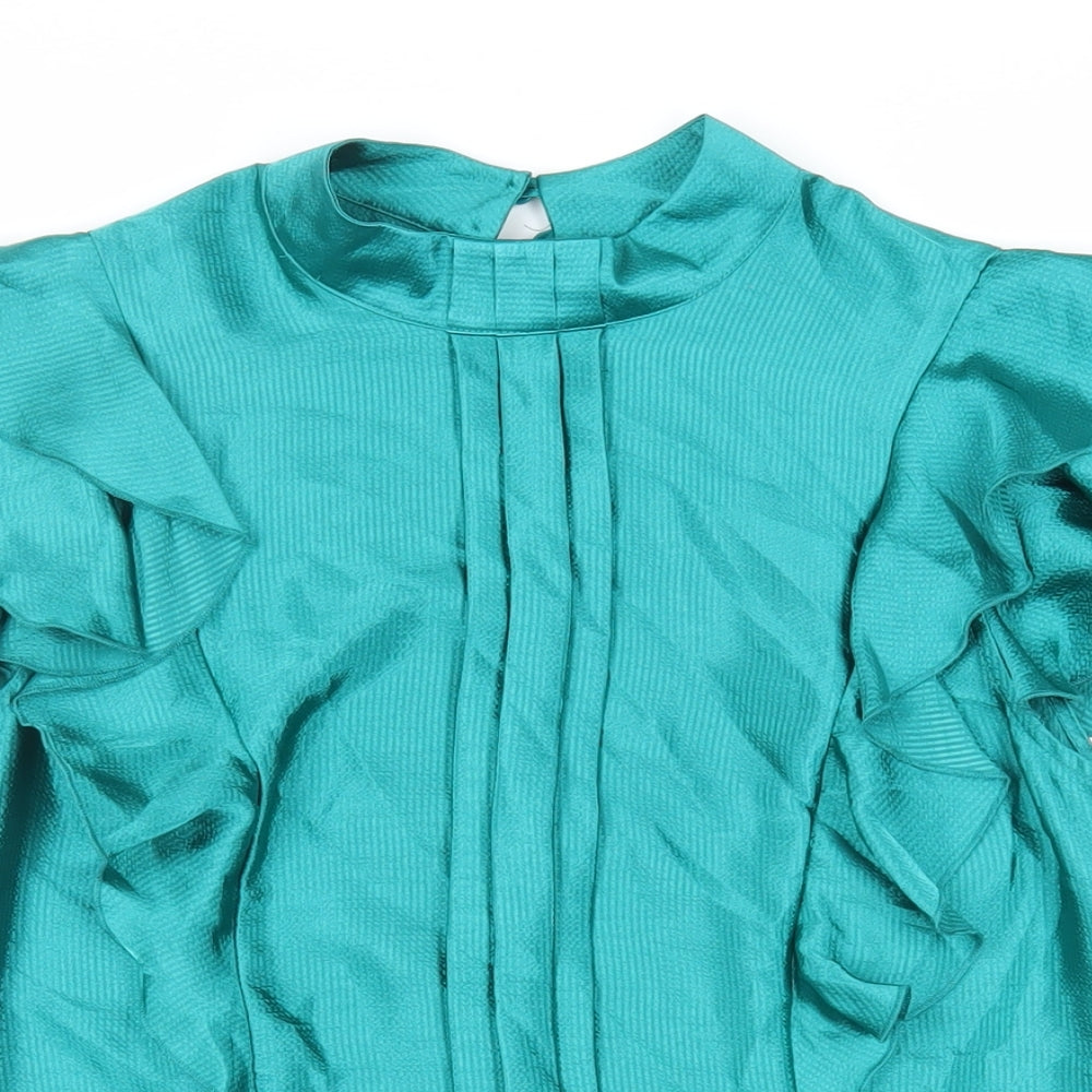 Marks and Spencer Womens Green Polyester Basic Blouse Size 12 Mock Neck - Ruffle