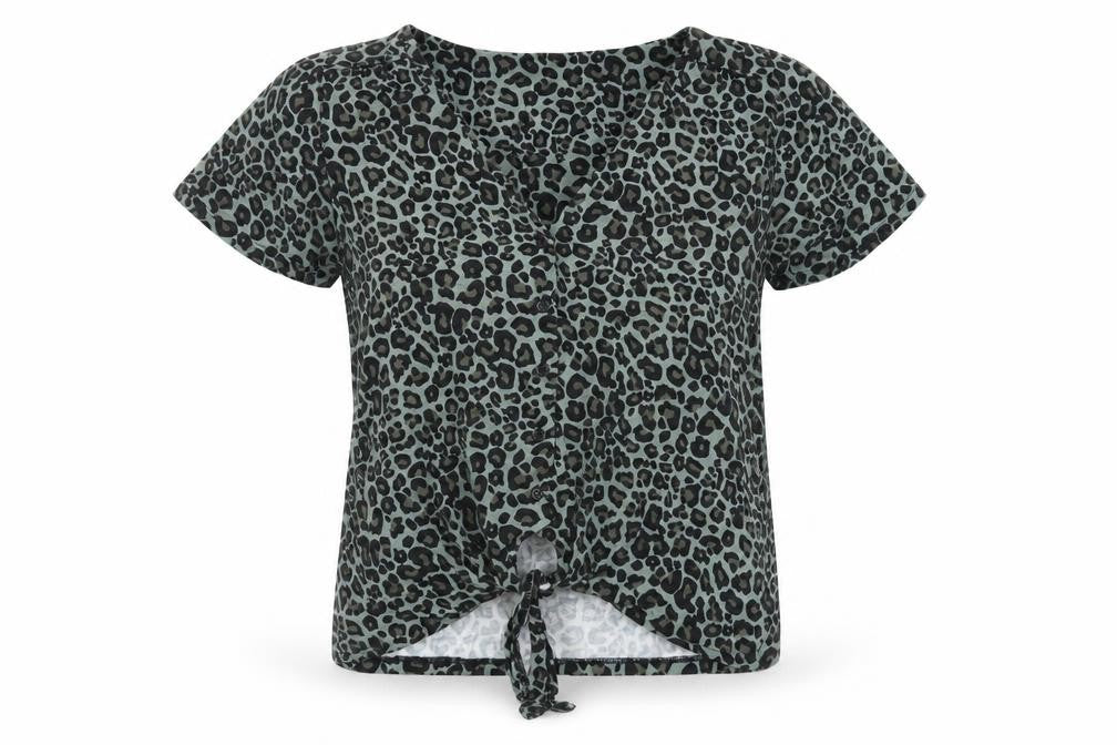 Oasis Womens Green Animal Print Viscose Basic Button-Up Size M V-Neck - Tie Front