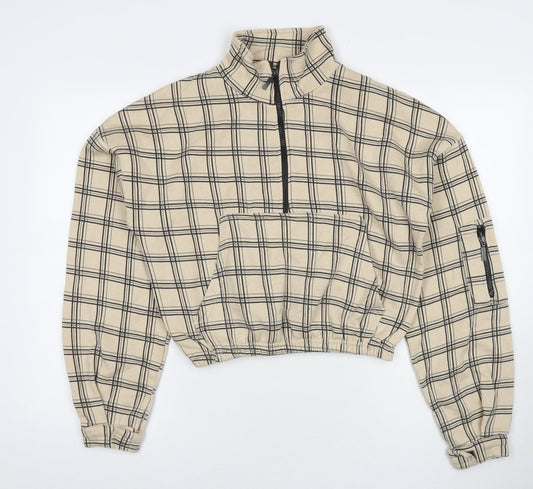 PRETTYLITTLETHING Womens Beige Check Polyester Pullover Sweatshirt Size S Pullover