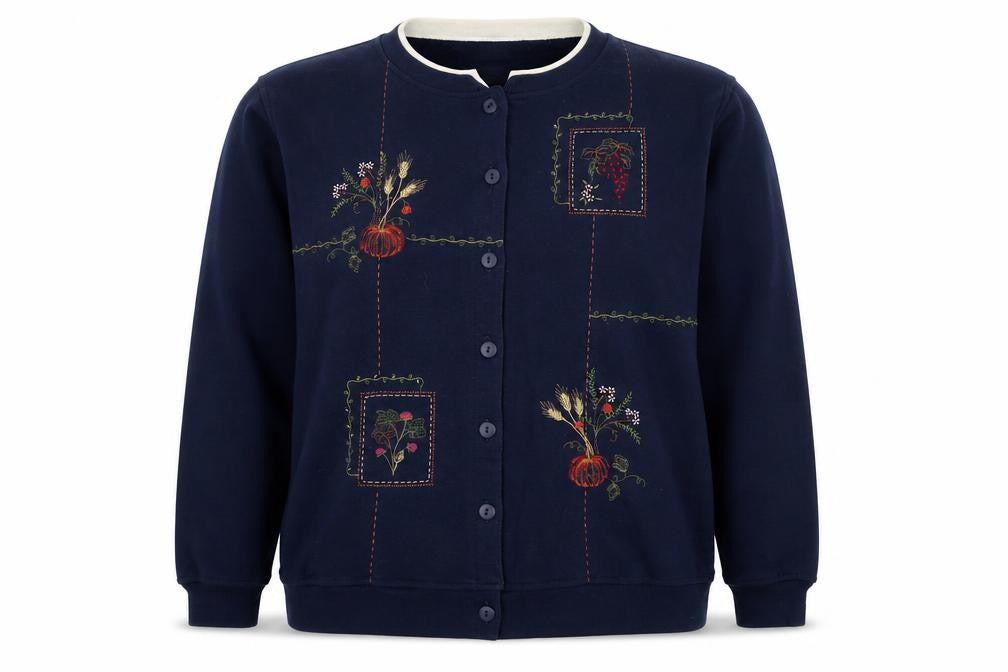 Snenanigans Womens Blue Cotton Full Zip Sweatshirt Size L Snap - Embraided Pumpkins