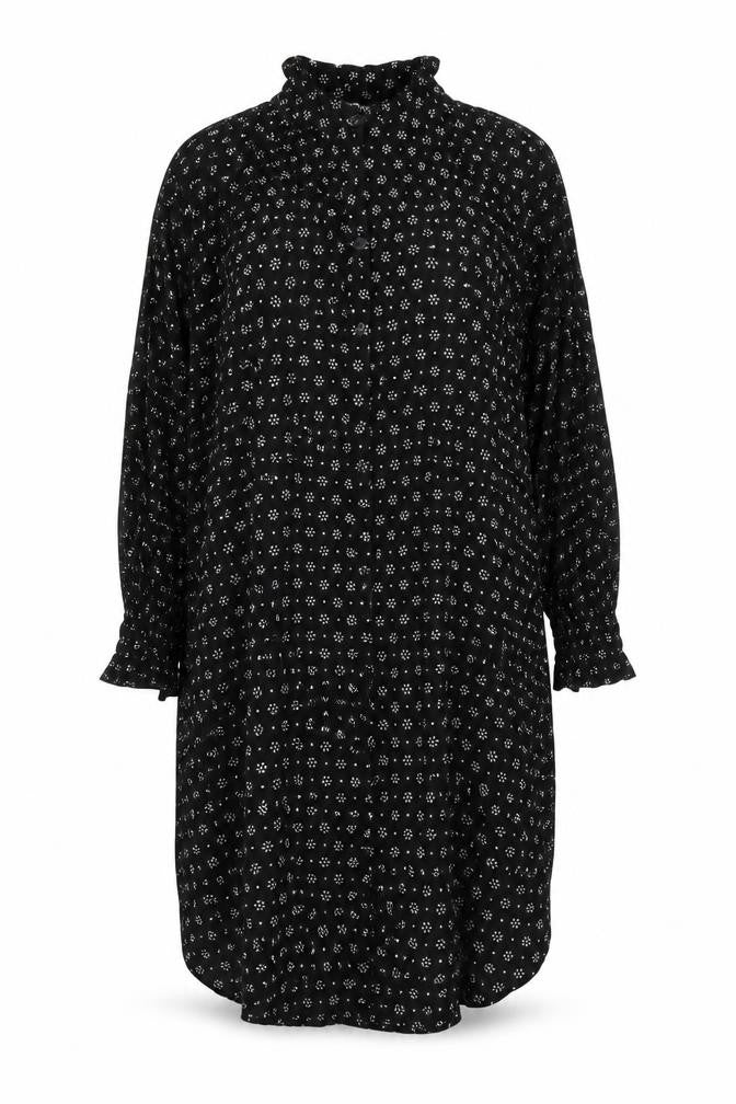 Nipon Studios Womens Black Geometric Polyester Shirt Dress Size 14 V-Neck Button - Side Slit(s)
