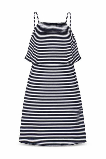 Front view of Miss Selfridge women’s blue striped viscose a-line, size UK 10, square neck pullover