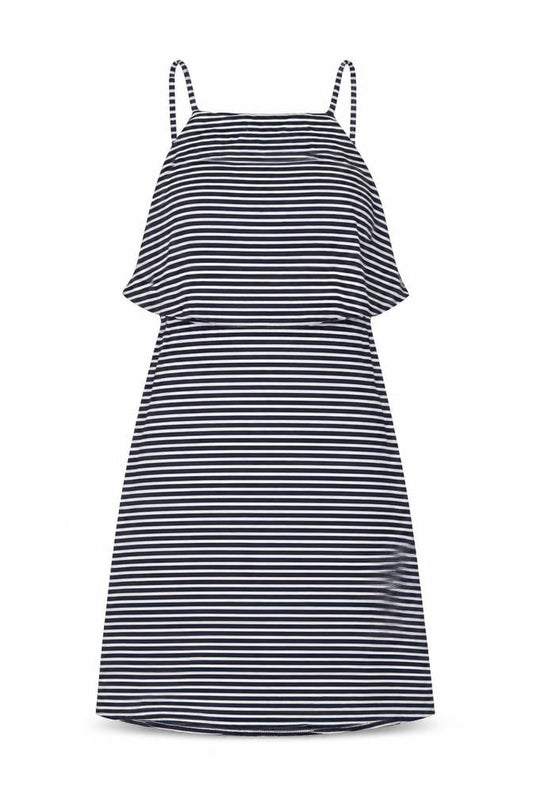 Front view of Miss Selfridge women’s blue striped viscose a-line, size UK 10, square neck pullover