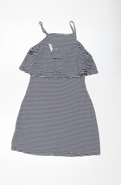 Back view of Miss Selfridge women’s blue striped viscose a-line, size UK 10, square neck pullover