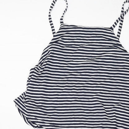 Close-up detail of Miss Selfridge women’s blue striped viscose a-line, size UK 10, square neck pullover