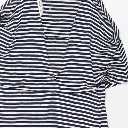 Brand and care label for Miss Selfridge women’s blue striped viscose a-line, size UK 10, square neck pullover