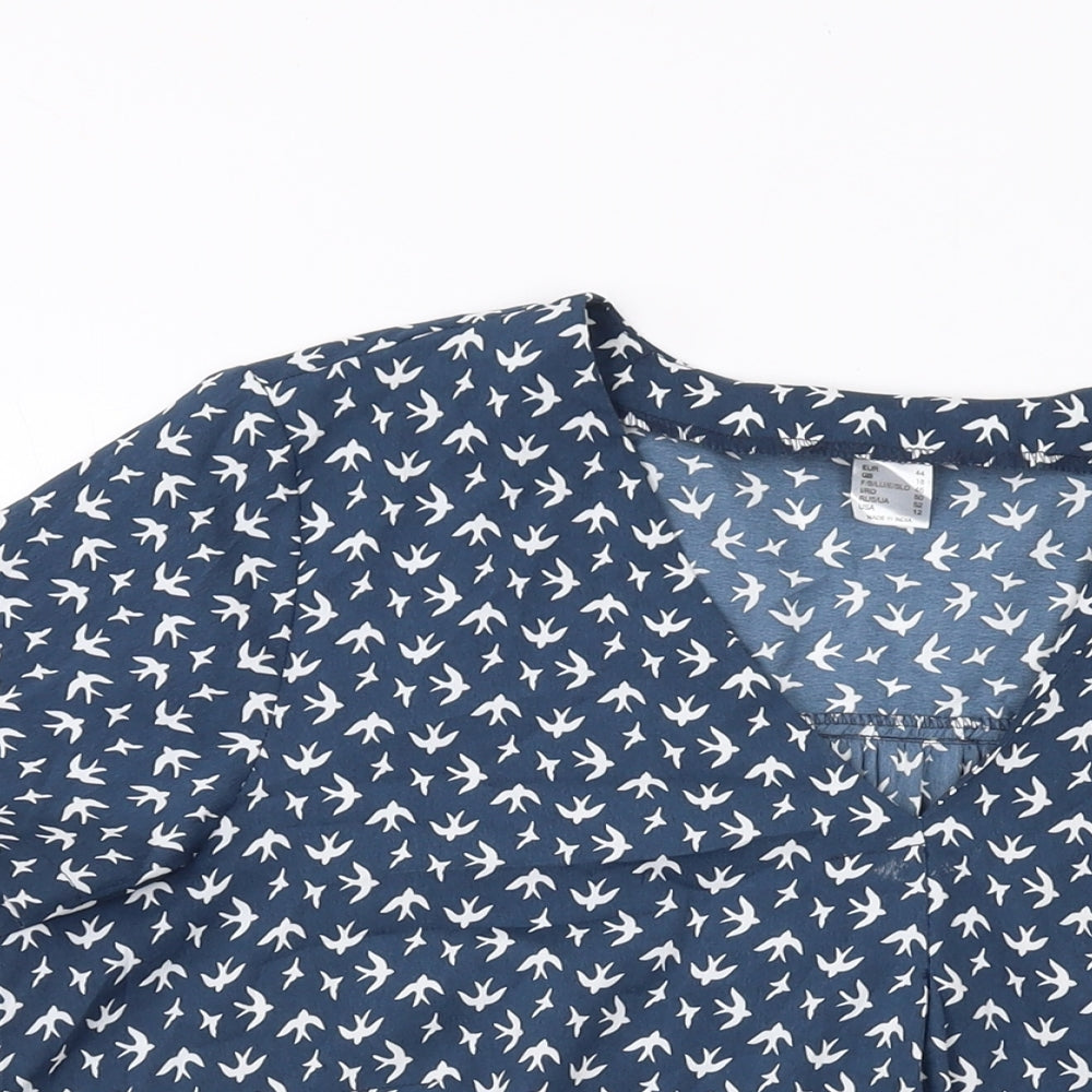 H&M Womens Blue Geometric Polyester Basic Blouse Size 18 V-Neck