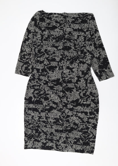 Country Casuals Womens Black Geometric Polyester Bodycon Size 14 V-Neck Zip