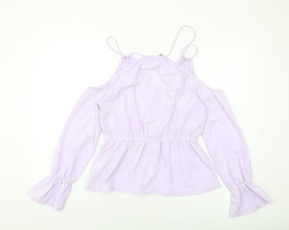 Back view of Asoso women’s purple polyester basic blouse, size UK 12, v-neck