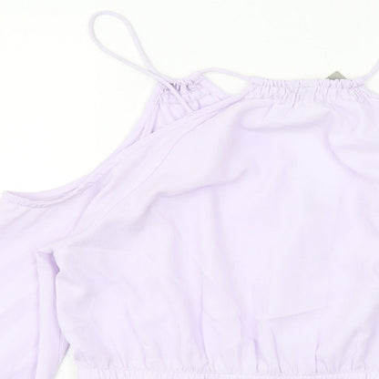 Brand and care label for Asoso women’s purple polyester basic blouse, size UK 12, v-neck