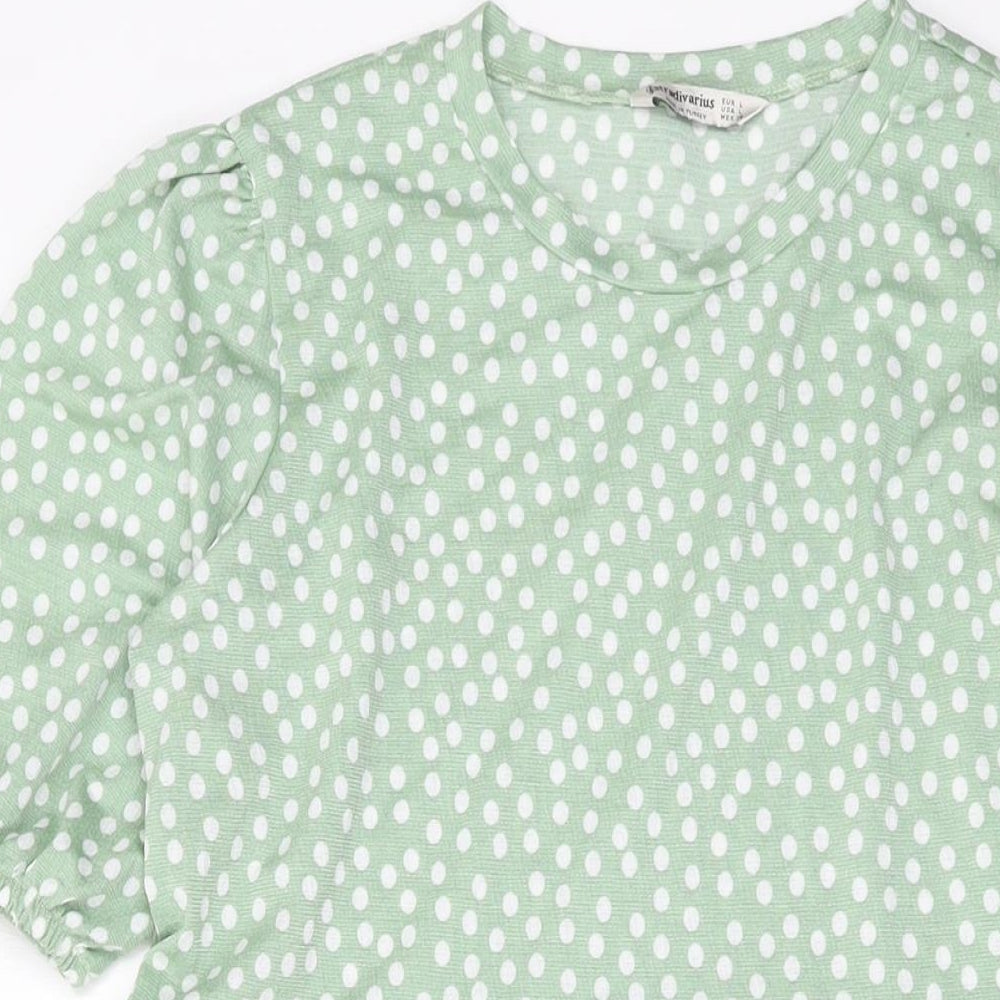 Stradivarius Womens Green Polka Dot Polyester A-Line Size L Round Neck Pullover