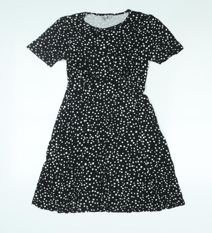 Additional front view of ASOS women’s black polka dot viscose a-line, size UK 10, round neck pullover