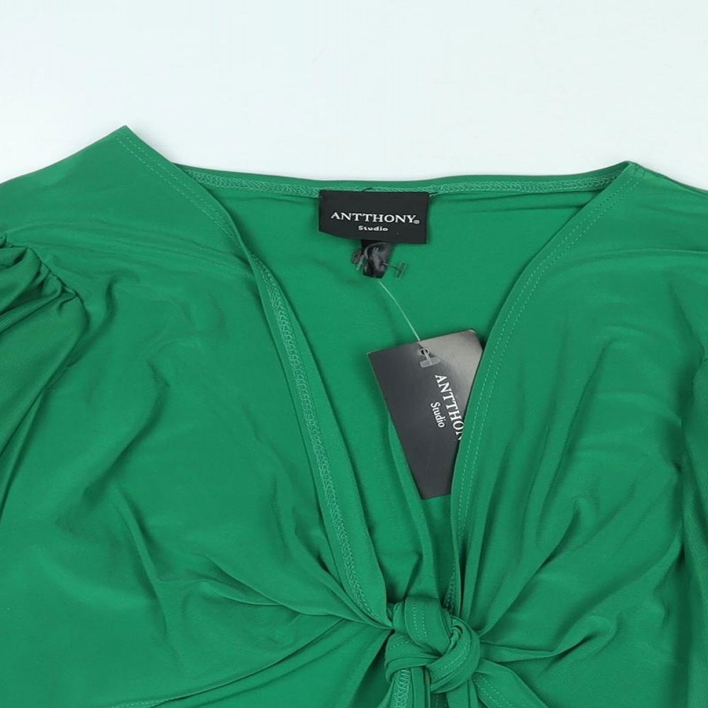 Antthony Womens Green Polyester Cropped Blouse Size M V-Neck