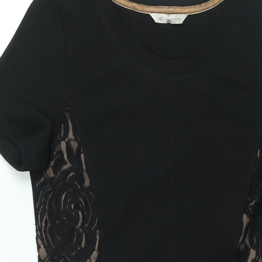 Marks and Spencer Womens Black Polyester Bodycon Size 12 Round Neck Pullover - Lace Panel