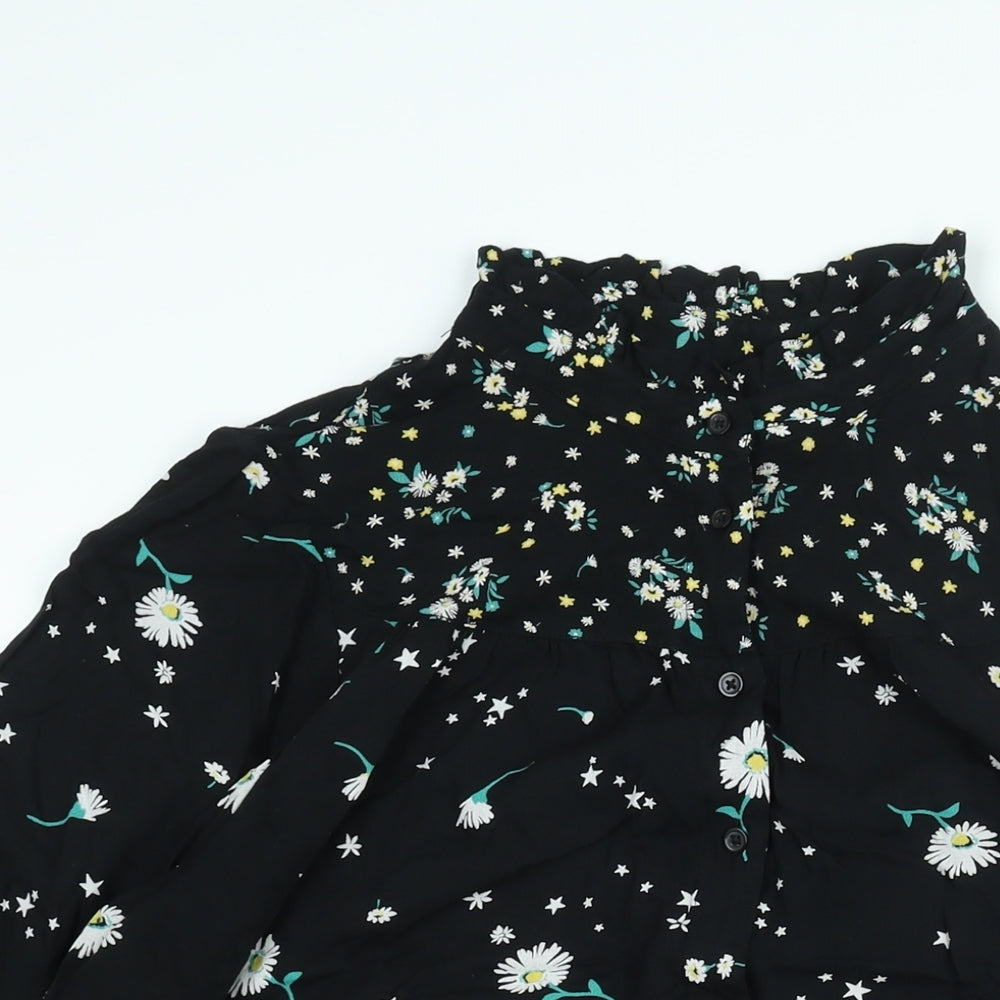 Marks and Spencer Womens Black Floral Viscose Shirt Dress Size 14 Mock Neck Button