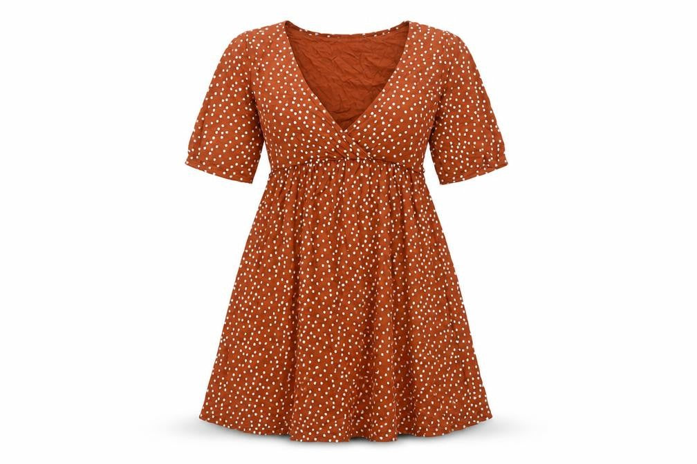 PRETTYLITTLETHING Womens Brown Polka Dot Viscose A-Line Size 10 V-Neck Pullover - Belted